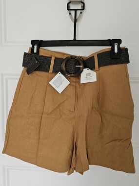 Zara Tan High-Waist Linen-Blend Shorts with Woven Dark Brown Belt